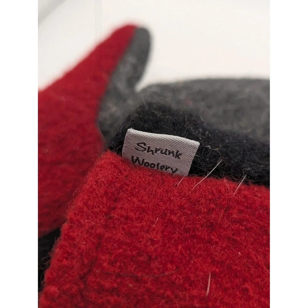 Shrunk Woolery Felted Wool Mittens Red Black Grey Colorblock Fleece Line Handmde